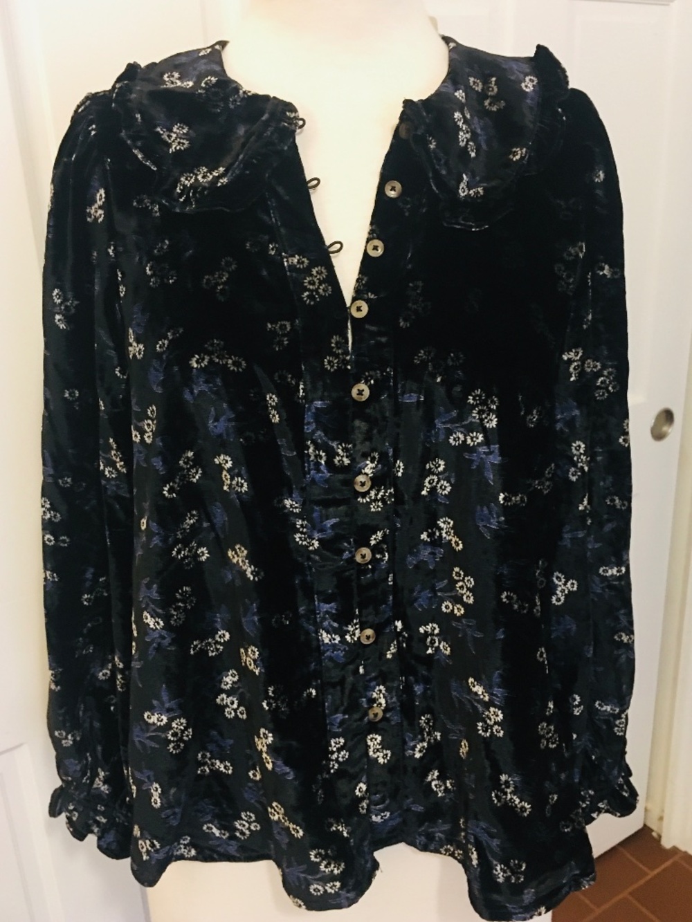 Pilcro Anthropologie NWT Velvet Floral Black Ruffle Peter Pan Color Cottagecore